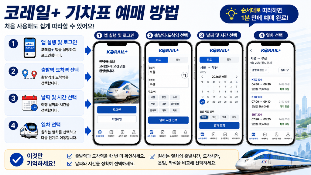 코레일+ 앱에서 출발역과 도착역을 선택해 KTX·SRT 기차표를 예매하는 방법