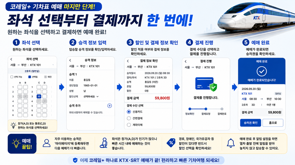 코레일+에서 좌석 선택부터 결제와 승차권 확인까지 기차표 예매하는 방법