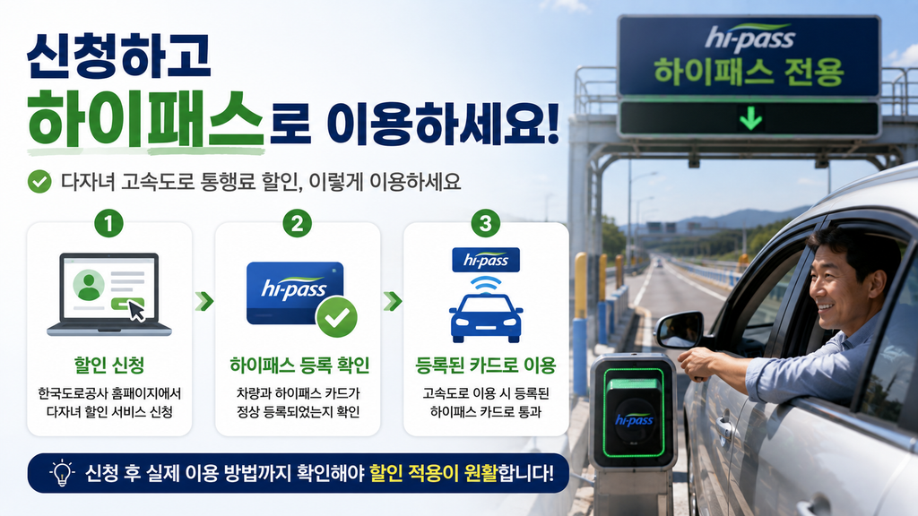 다자녀 고속도로 통행료 할인 신청 후 하이패스 등록을 확인하고 등록된 카드로 이용하는 3단계 안내 이미지