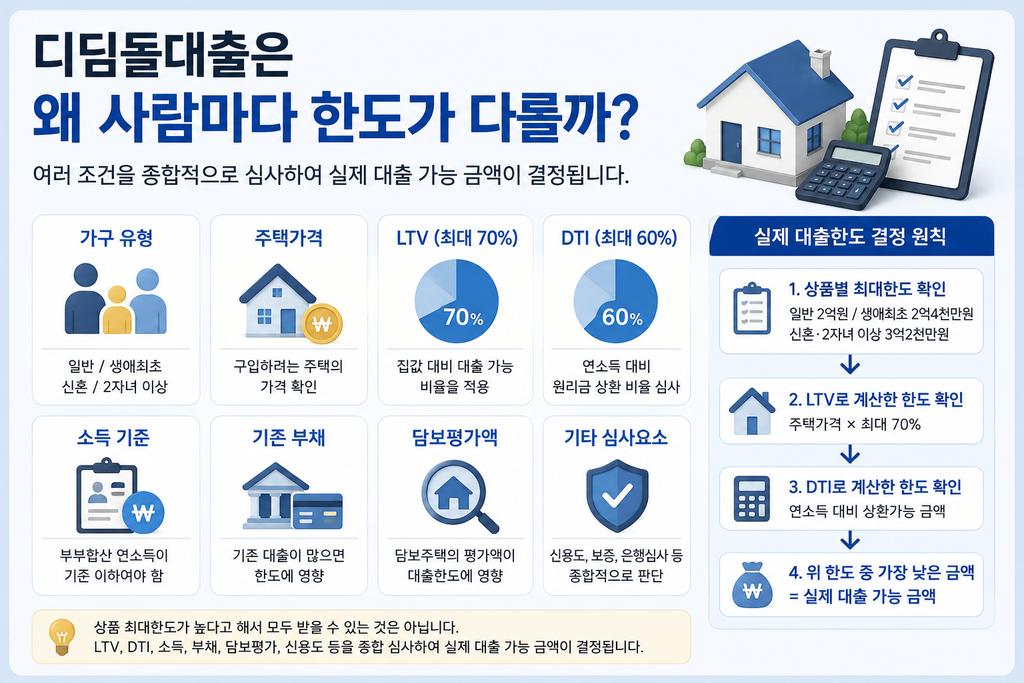 디딤돌대출 한도를 결정하는 주택가격, LTV, DTI, 소득, 기존 부채 등 주요 심사 요소를 보여주는 인포그래픽