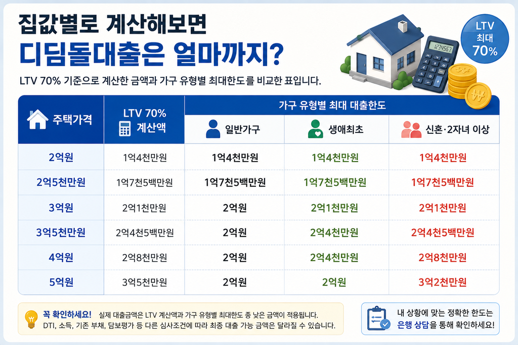 주택가격별 LTV 70% 계산액과 가구 유형별 디딤돌대출 최대한도를 비교한 인포그래픽