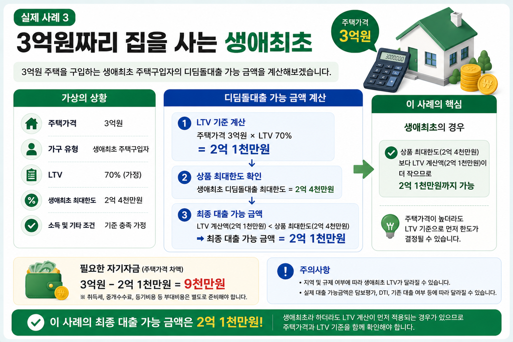 3억원 주택을 구입하는 생애최초 주택구입자의 디딤돌대출 LTV 계산과 최대 대출금액 및 필요한 자기자금을 보여주는 실제 사례 인포그래픽