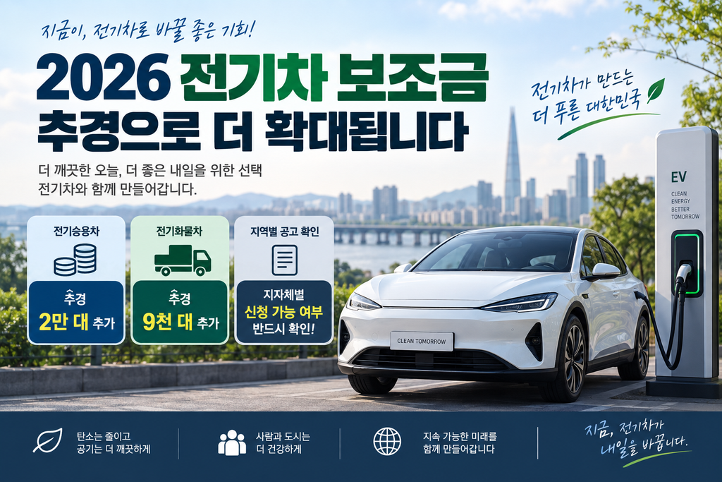 2026 전기차 보조금 추경 확대와 전기승용차·전기화물차 지원 물량을 보여주는 전기차 보조금 안내 이미지