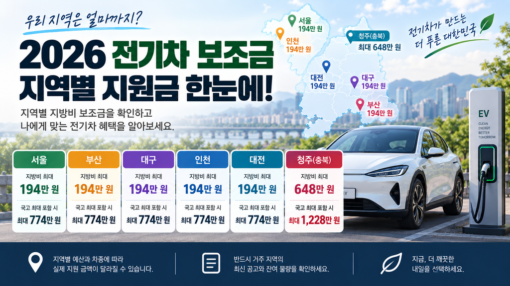 2026년 서울·부산·대구·인천·대전·청주 전기차 보조금 지역별 지방비 최대 금액을 비교한 인포그래픽